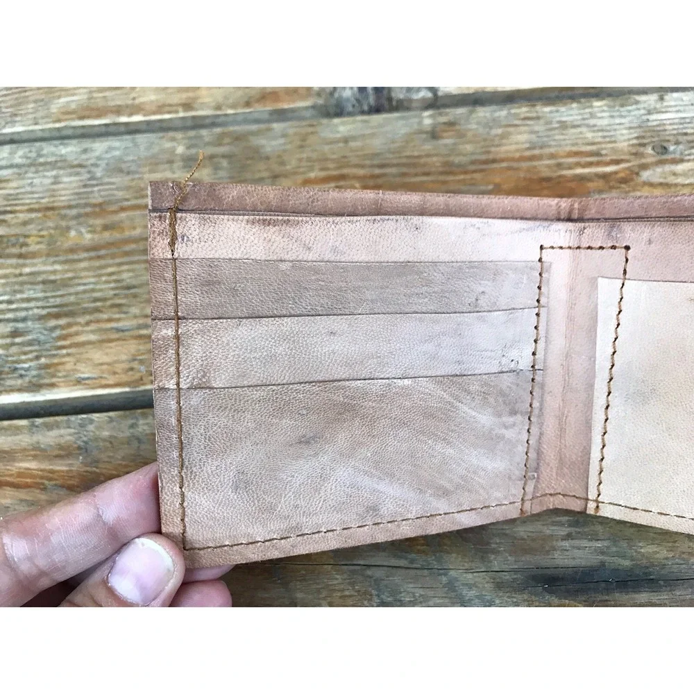 Vintage Handmade Hand Tooled Embossed Brown Leather Wallet Camel